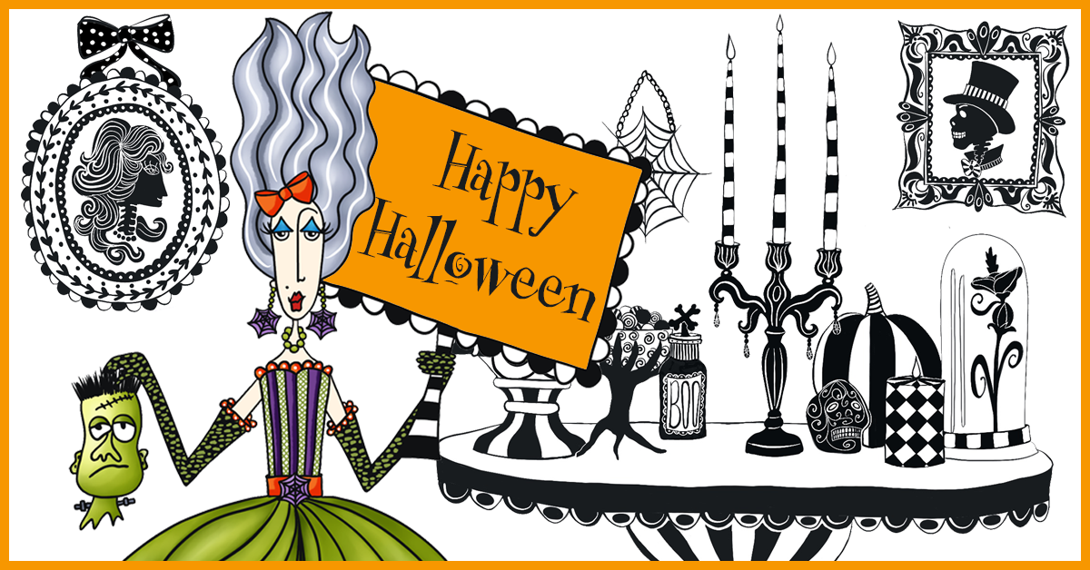 Halloween Dolly Mama holding a green monster’s head beside a Happy Halloween sign and a table of spooky decorations.