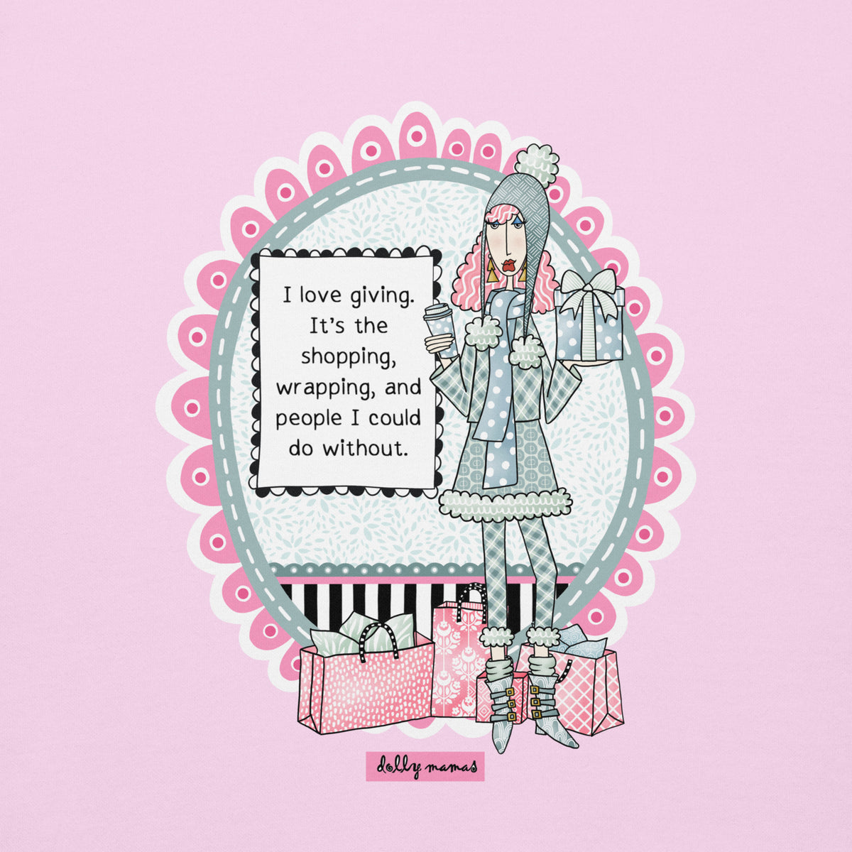 Close-up of Dolly Mamas artwork on lavender, showing a woman in winter clothes holding a drink and wrapped gift beside the I Love Giving saying.