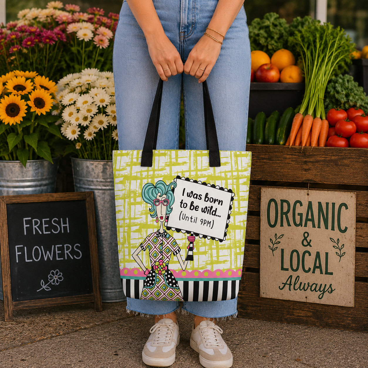 Funny midlife tote bag for women – I Was Born to Be Wild Until 9PM – Dolly Mama