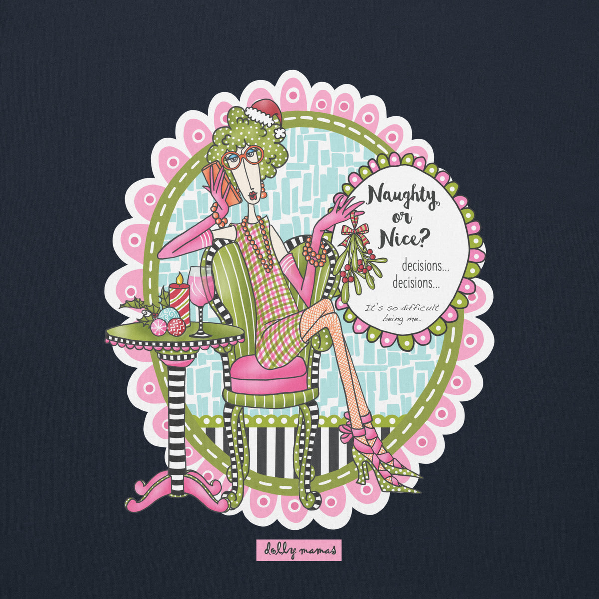 Close-up of Dolly Mamas artwork on navy blue, showing a seated woman in a Santa hat holding mistletoe beside the words “Naughty or Nice?”