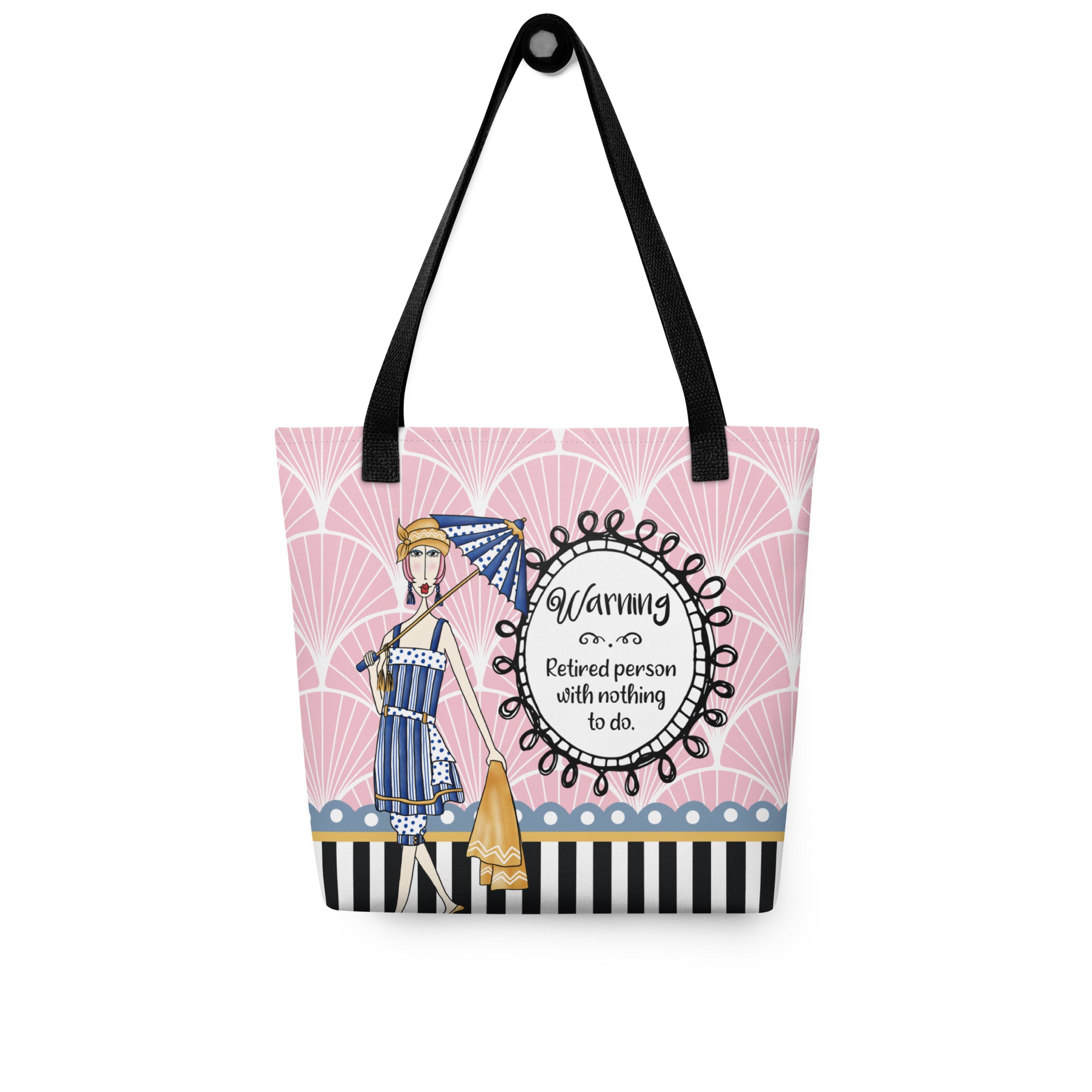 Funny retirement tote bag – Warning Retired Person – Dolly Mama – back view