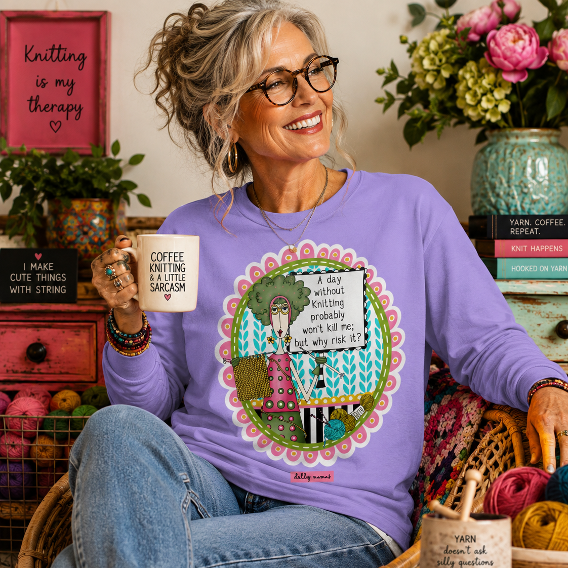 A Day Without Knitting Funny Long Sleeve T-Shirt – Violet – Dolly Mama