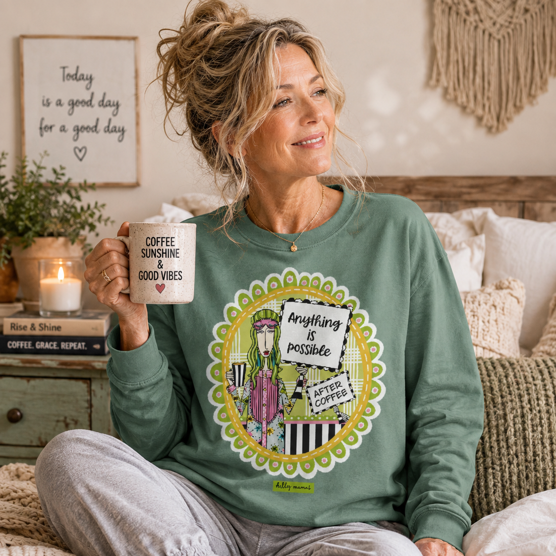 Anything Is Possible After Coffee Funny Long Sleeve T-Shirt – Light Green – Dolly Mama