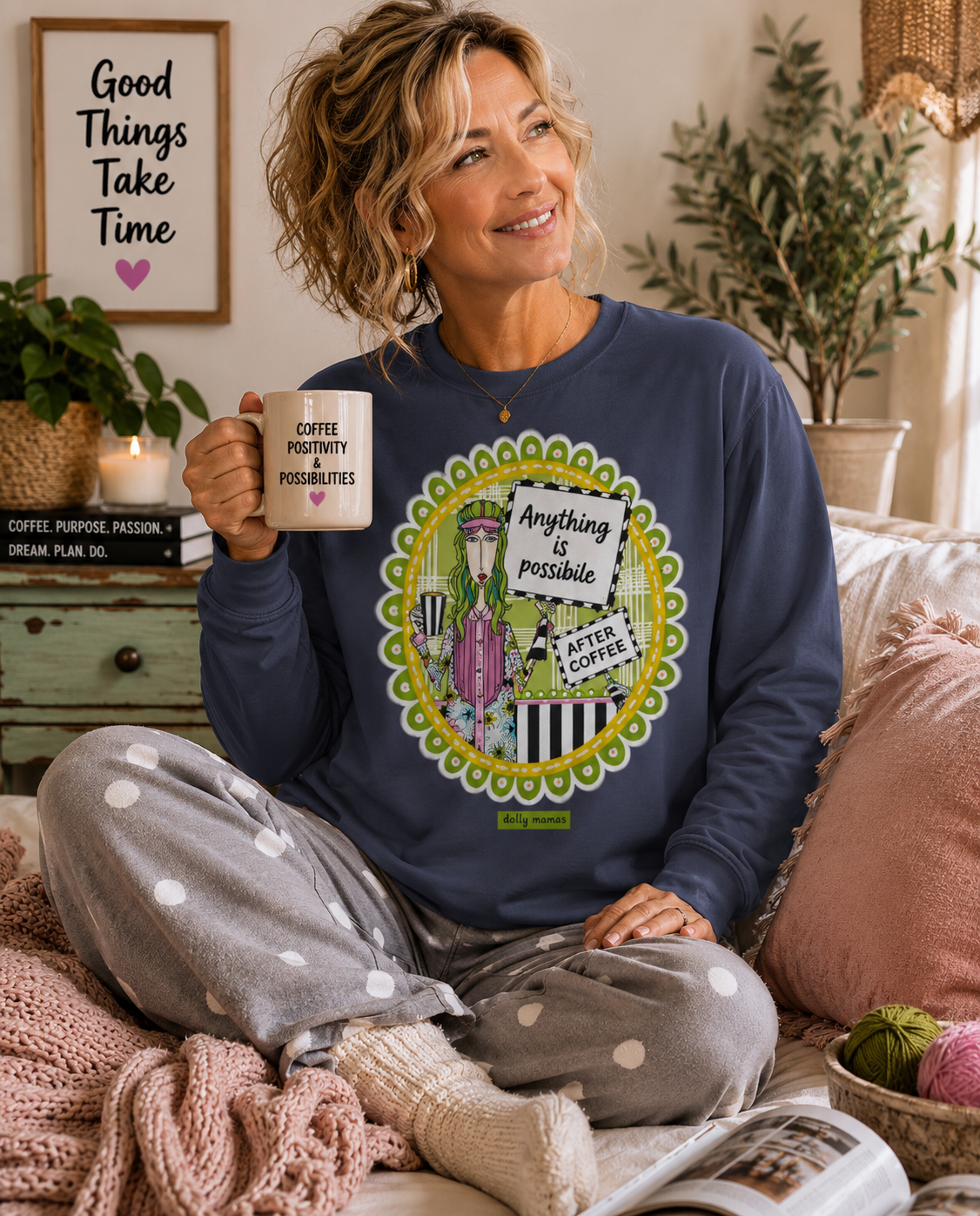 Funny Coffee Long Sleeve T-Shirt Navy – Anything Is Possible After Coffee | Dolly Mama