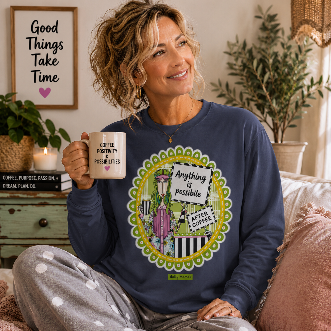 Funny Coffee Long Sleeve T-Shirt Navy – Anything Is Possible After Coffee | Dolly Mama