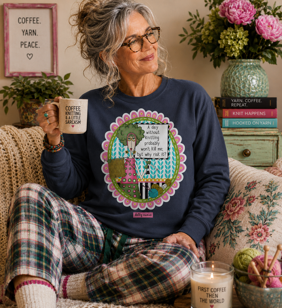 A Day Without Knitting Funny Long Sleeve T-Shirt – Navy – Dolly Mama
