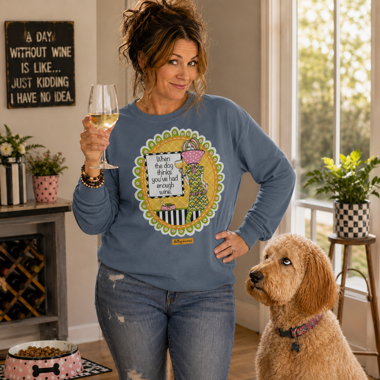 Funny Wine Lover Long Sleeve T-Shirt Blue Jean – When the Dog Thinks You've Had Enough Wine | Dolly Mama