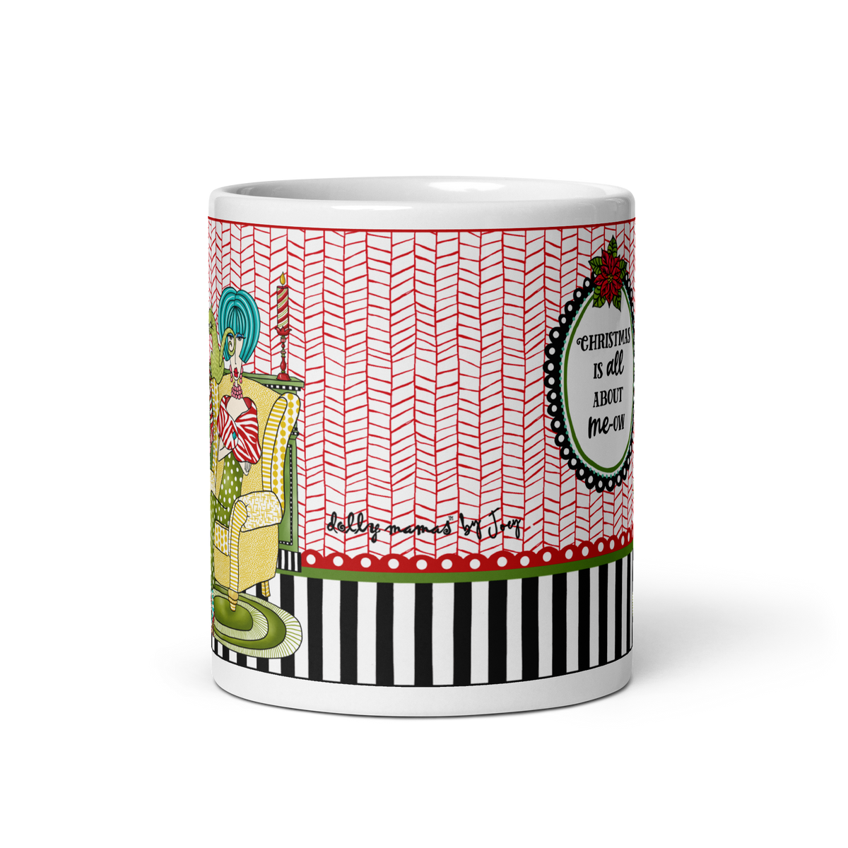 Wraparound view of the Dolly Mama Christmas cat mug showing a red-and-white pattern, Joey’s signature, and black-and-white striped border.
