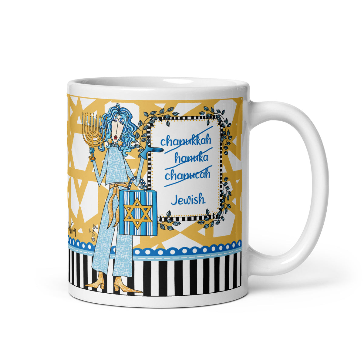 Dolly Mama 11 oz Hanukkah mug showing a blue-haired character and framed holiday saying, with the handle on the right.