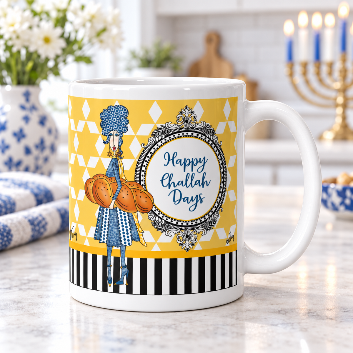 Dolly Mama “Happy Challah Days” mug showing a woman holding challah on a kitchen counter, handle right, with a menorah in the background.