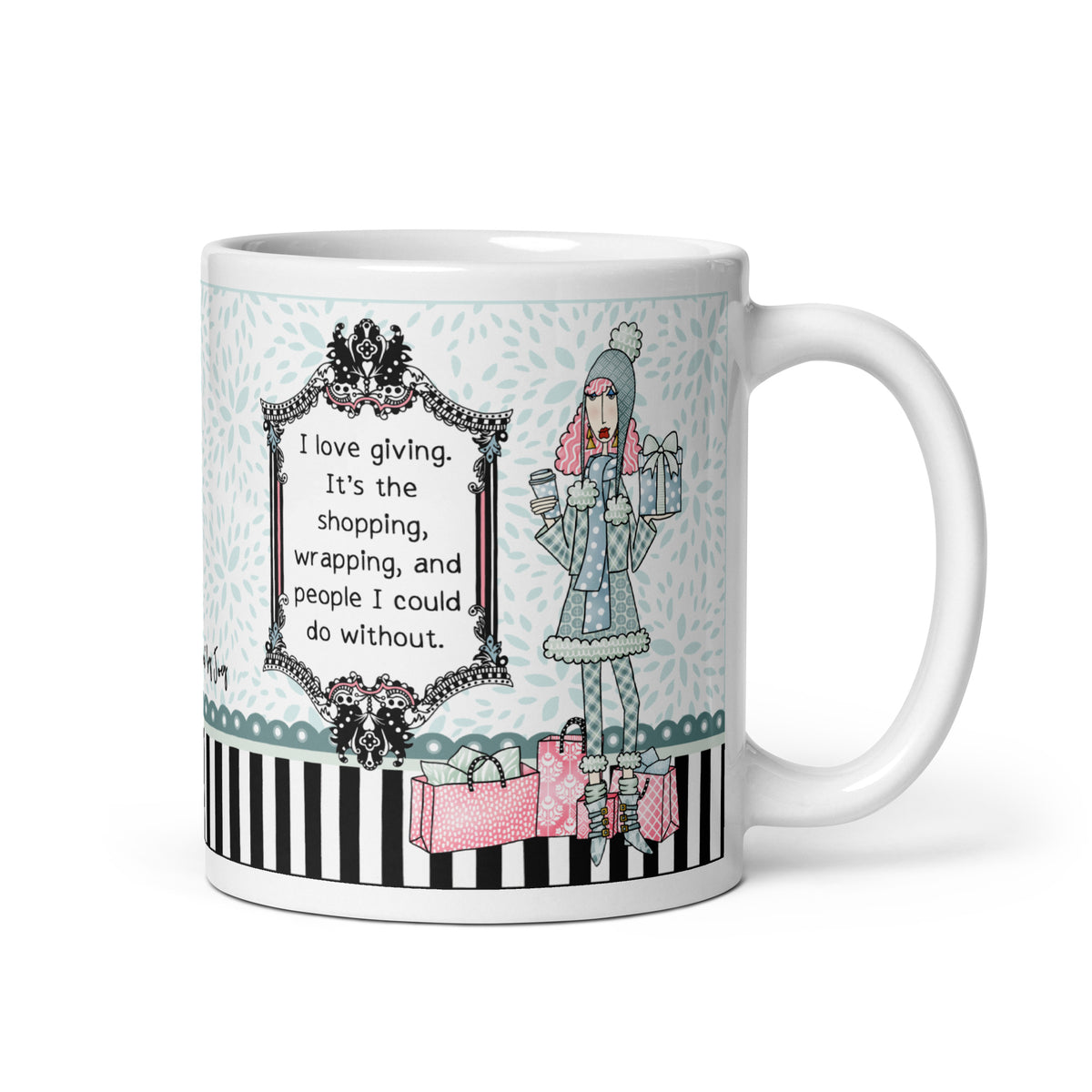 Dolly Mama “I love giving” 11 oz mug featuring a pink-haired woman in winter clothes holding coffee and a gift, with shopping bags and handle right.