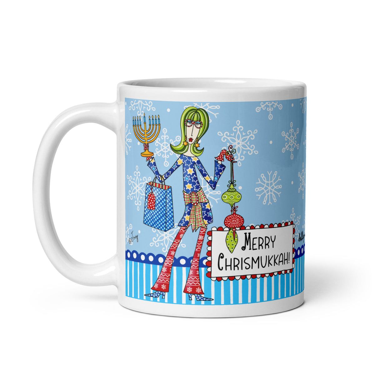 Dolly Mama “Merry Chrismukkah!” 11 oz mug with a woman holding a menorah and Christmas ornaments, blue snowflake background, and handle left.