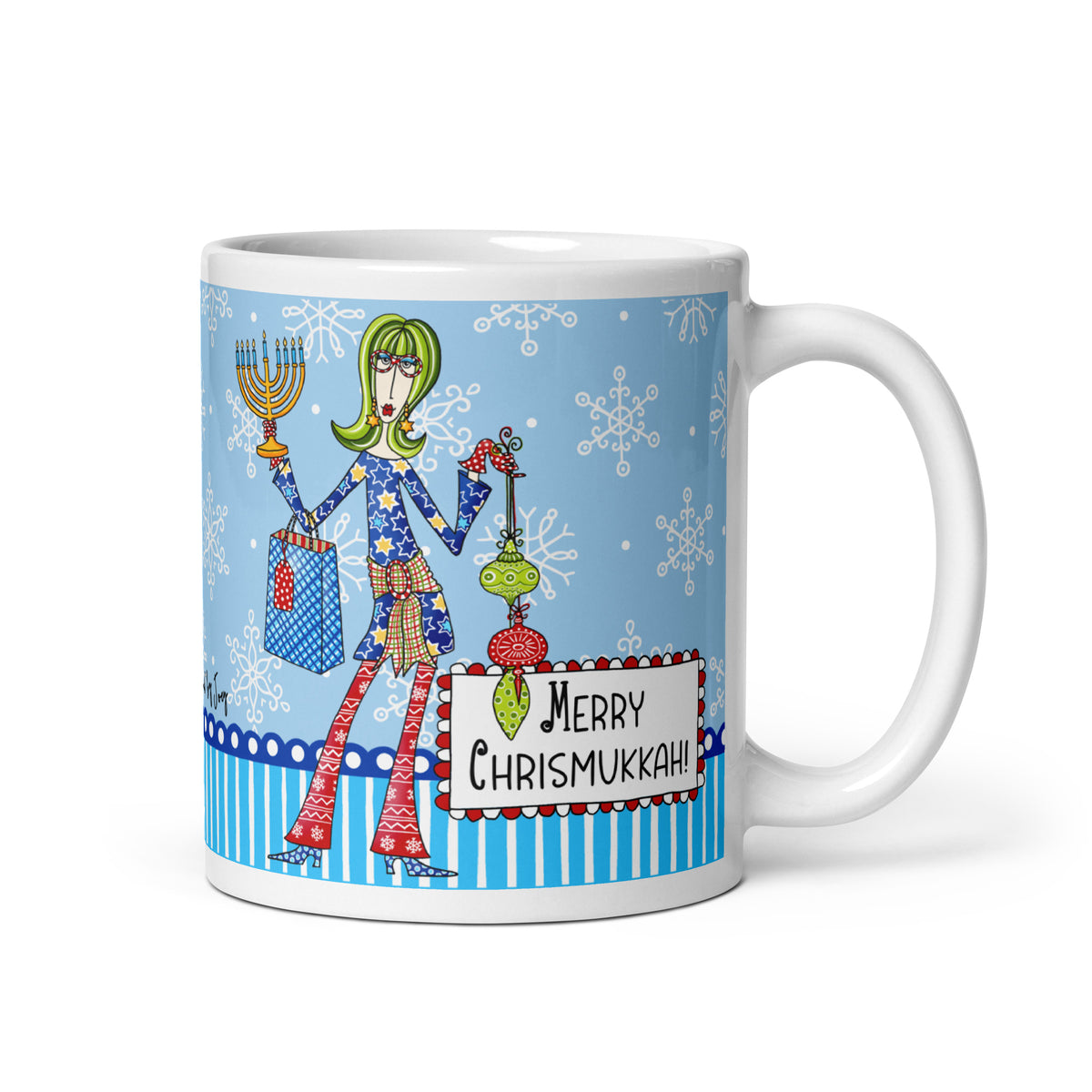 Dolly Mama “Merry Chrismukkah!” 11 oz mug with a woman holding a menorah and Christmas ornaments, blue snowflake background, and handle right.