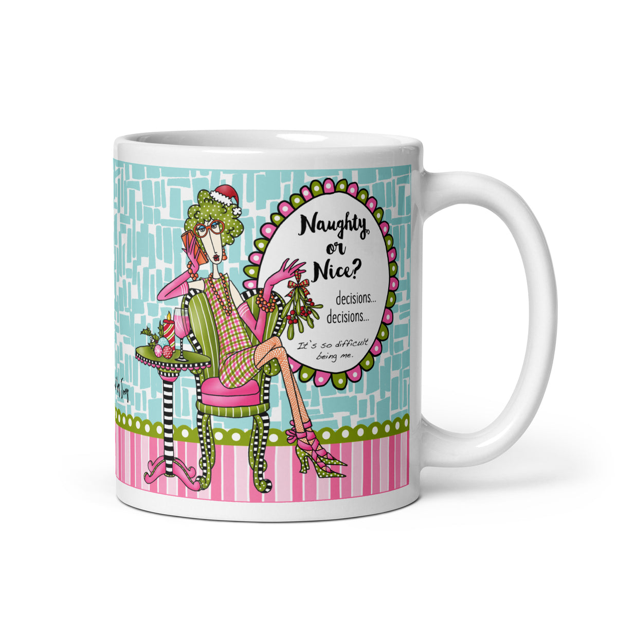 Dolly Mama “Naughty or Nice?” 11 oz mug featuring a seated woman in a Santa hat holding mistletoe, with pink and aqua details and handle right.
