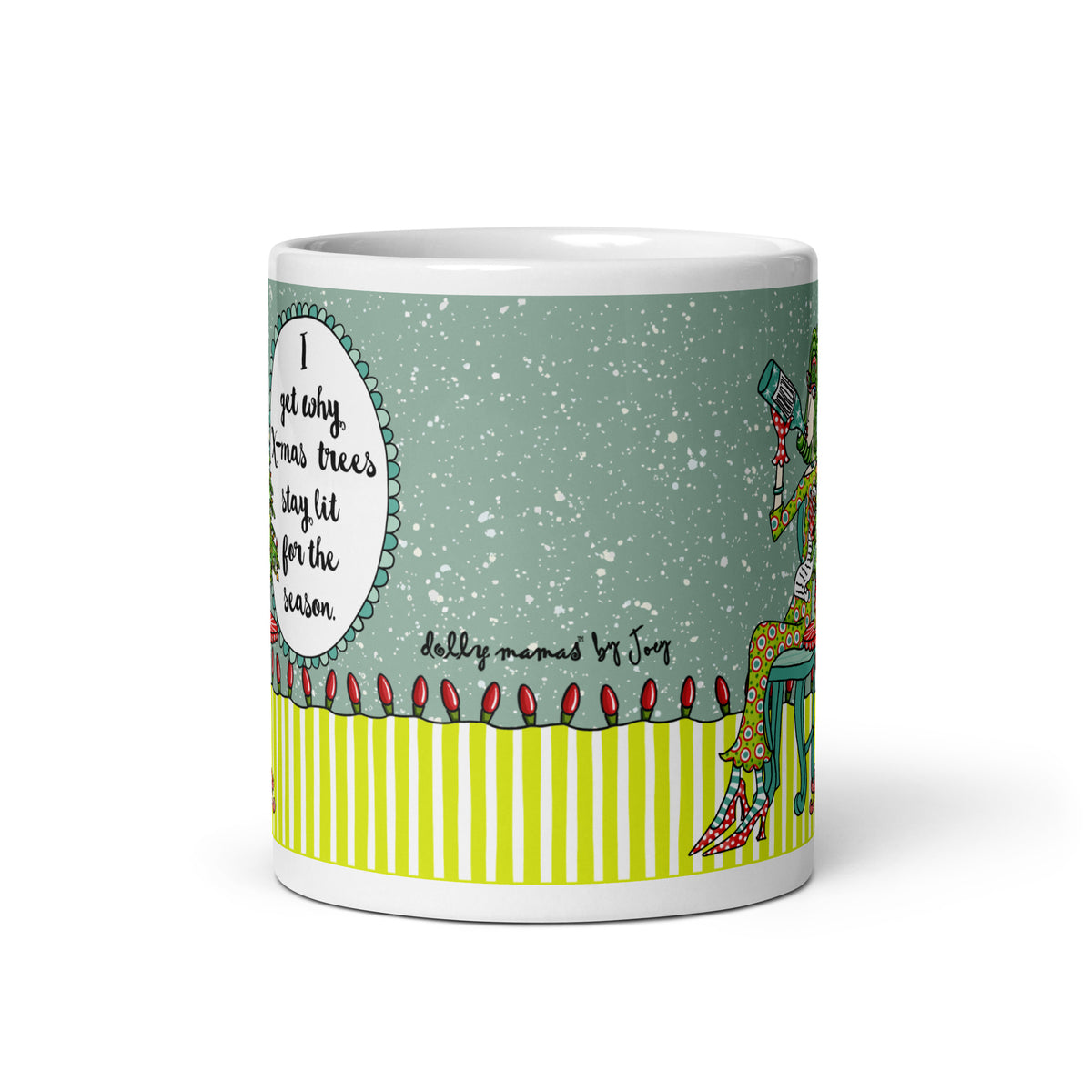 Wraparound view of the Dolly Mama Christmas mug showing a snowy green background, Joey’s signature, red holiday lights, and lime-and-white stripes.