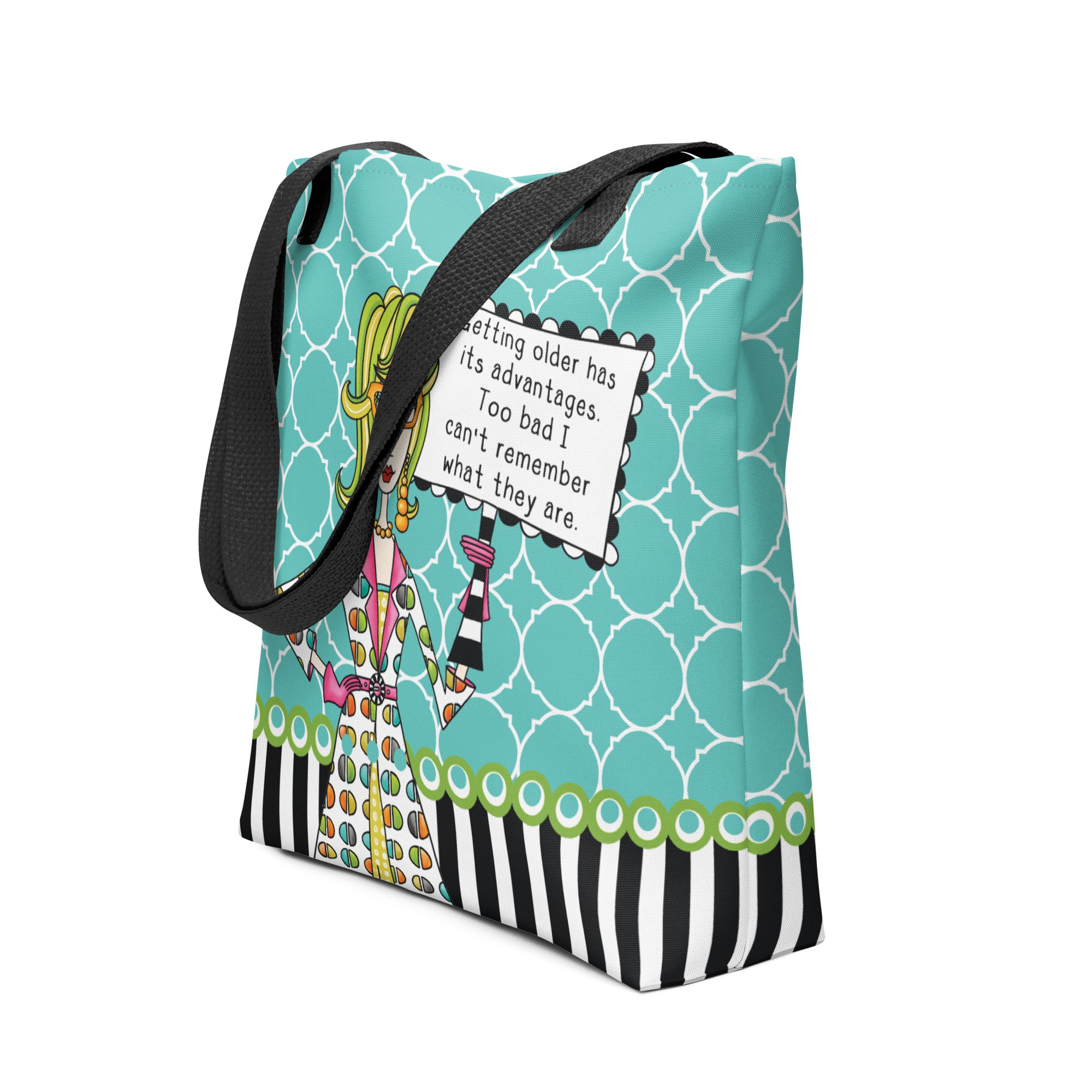 Funny midlife tote bag – Getting Older Advantages – Dolly Mama – side view