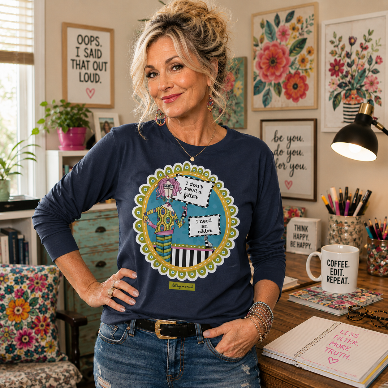 Funny No Filter Long Sleeve T-Shirt Navy – I Don't Need a Filter | Dolly Mama