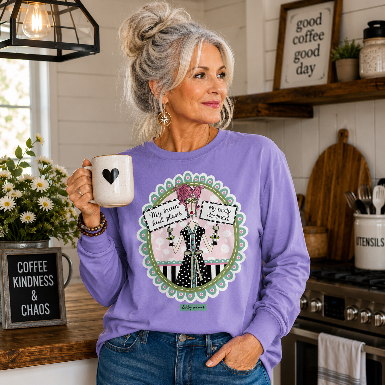 Funny Relatable Long Sleeve T-Shirt Violet – My Brain Had Plans. My Body Declined. | Dolly Mama