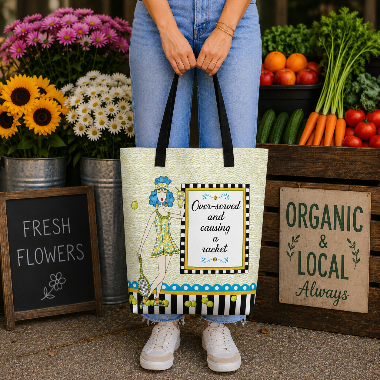 Funny tennis tote bag for women – Over-Served and Causing a Racket – Dolly Mama