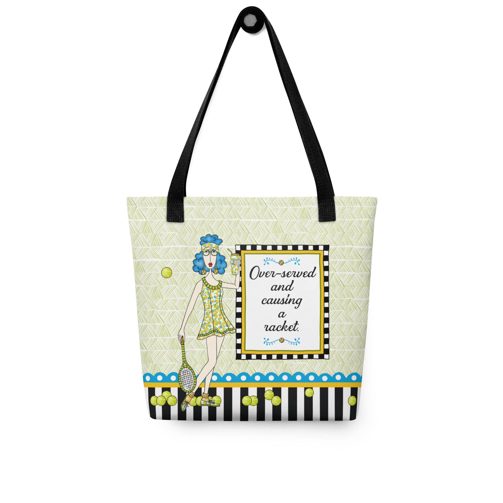 Funny tennis tote bag – Over-Served Causing a Racket – Dolly Mama – front view