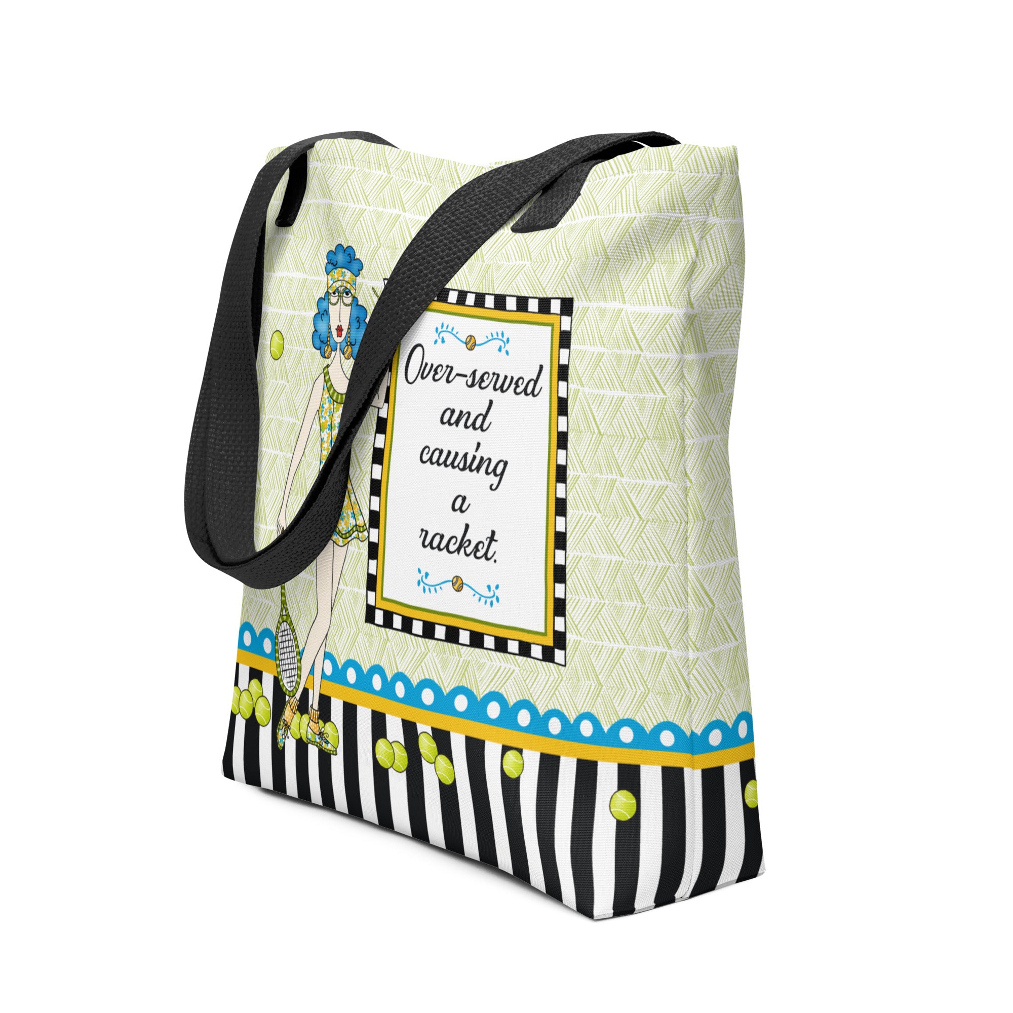 Funny tennis tote bag – Over-Served Causing a Racket – Dolly Mama – side view