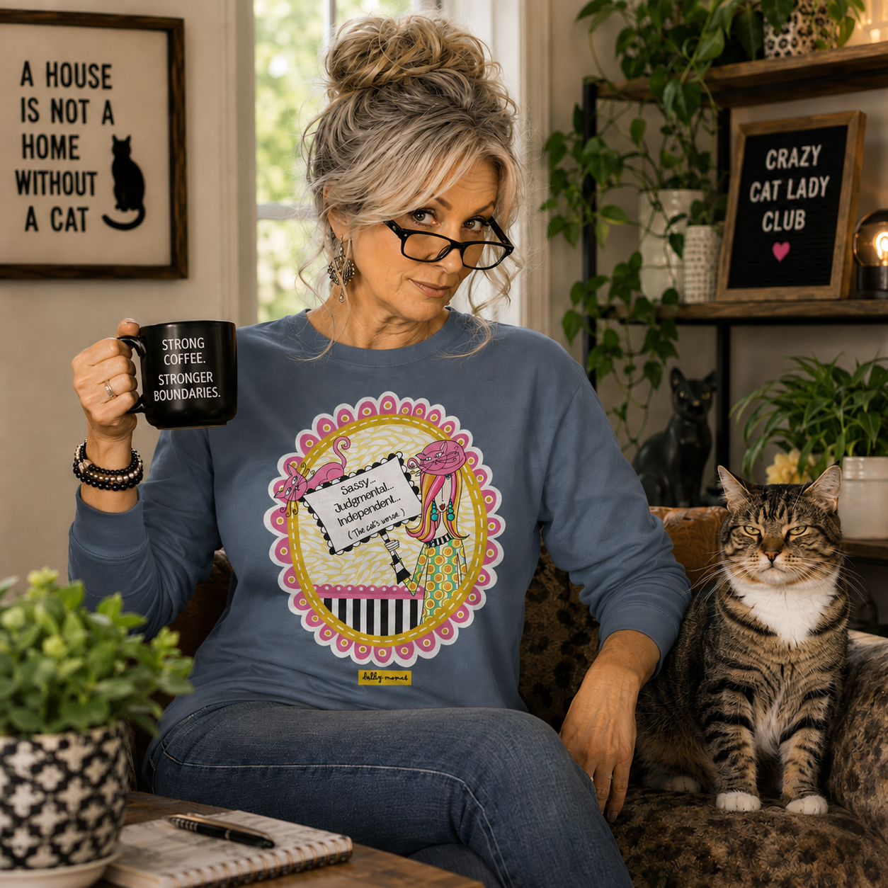 Funny Cat Lover Long Sleeve T-Shirt Blue Jean – Sassy Judgmental Independent The Cat's Worse | Dolly Mama