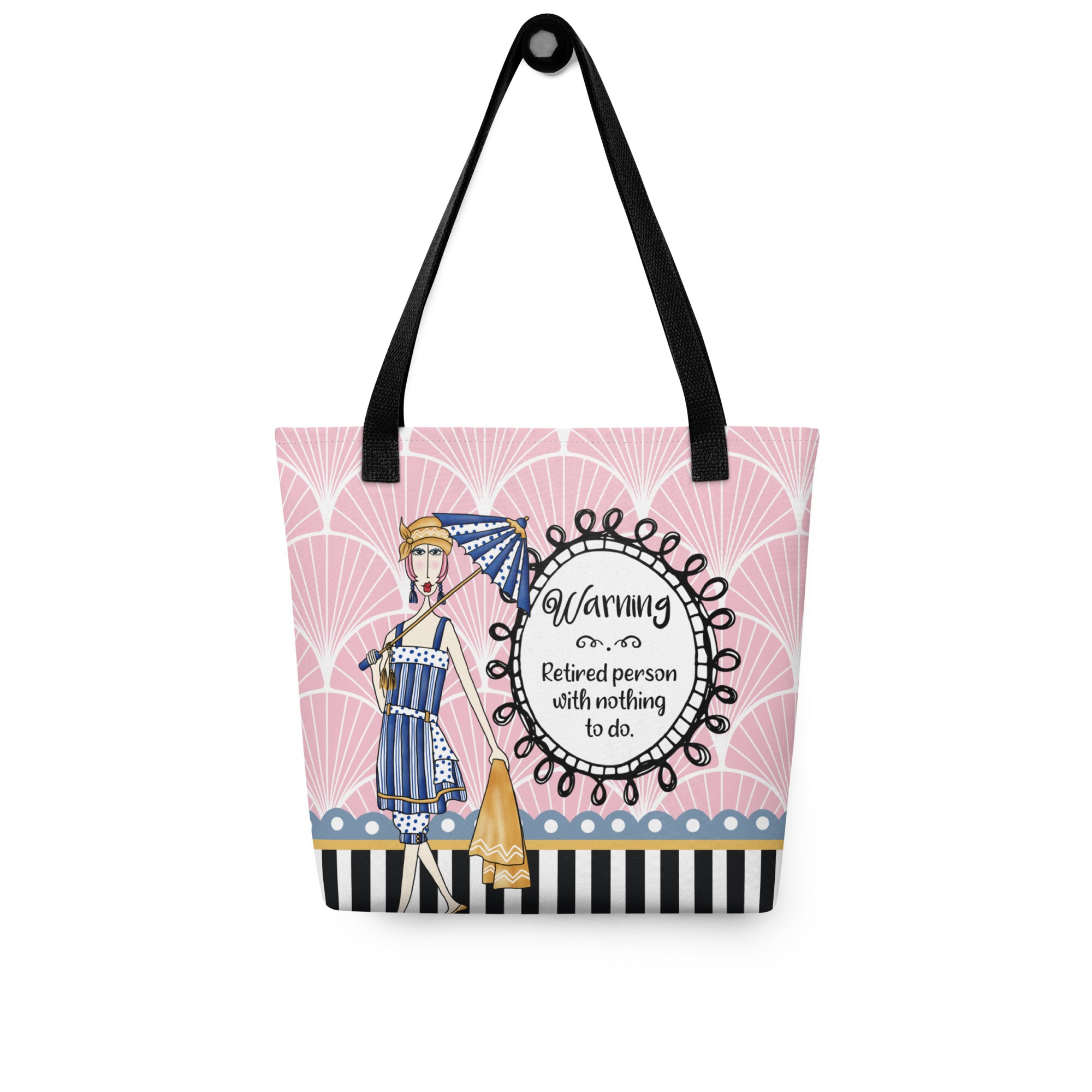 Funny retirement tote bag – Warning Retired Person – Dolly Mama – front view