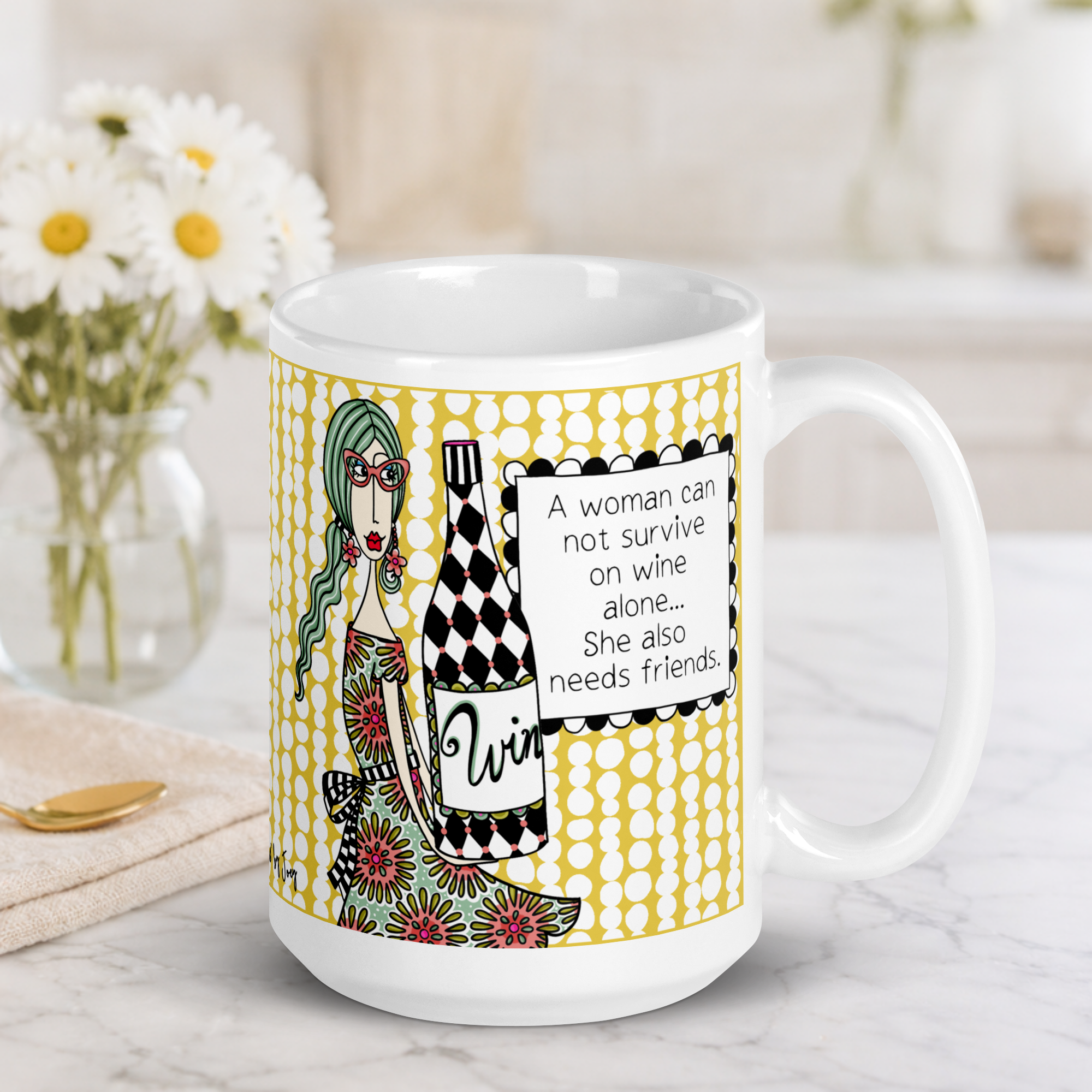 "Funny wine and friends coffee mug – 'A woman cannot survive on wine alone, she also needs friends' – ceramic gift mug for best friends and wine lovers"
