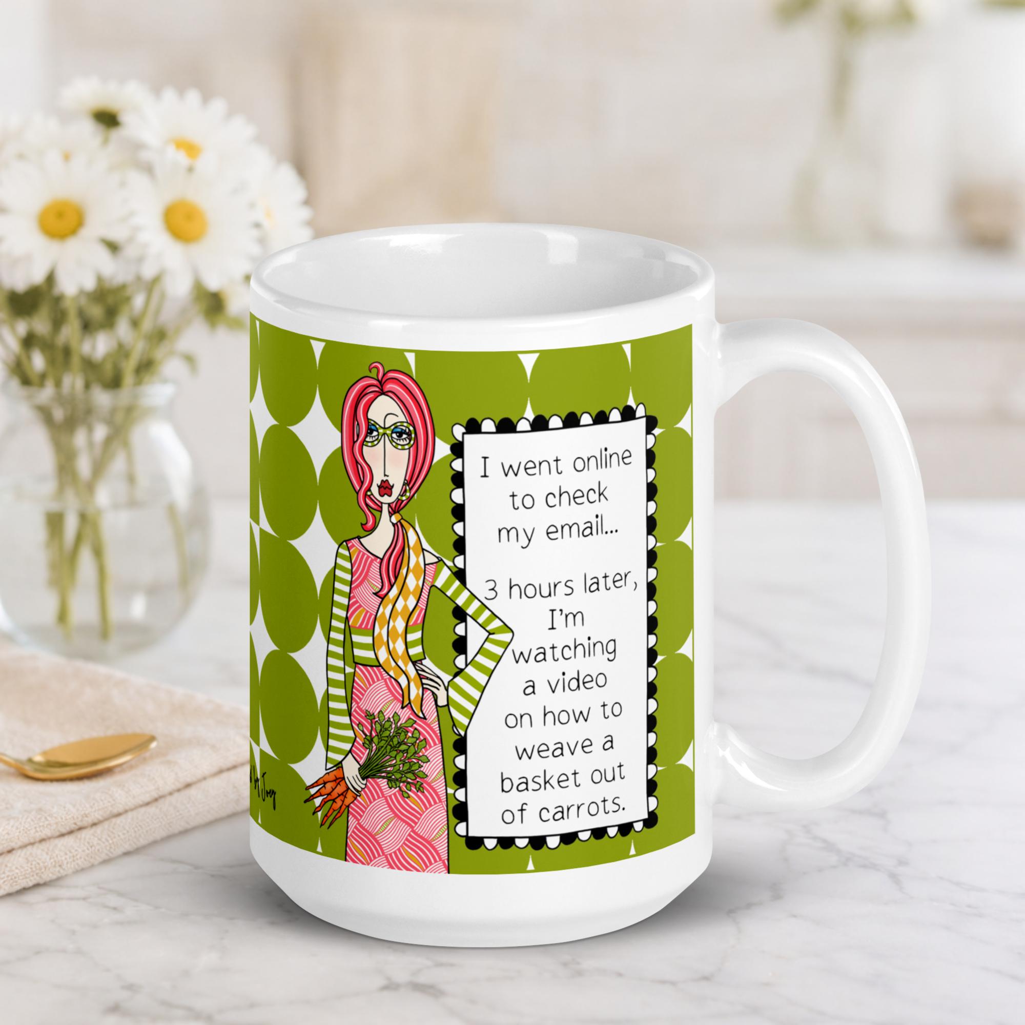 "Funny ADHD doom scrolling coffee mug – 'I went online to check my email, 3 hours later I'm watching a video on how to weave a basket out of carrots' – ceramic gift mug for women"