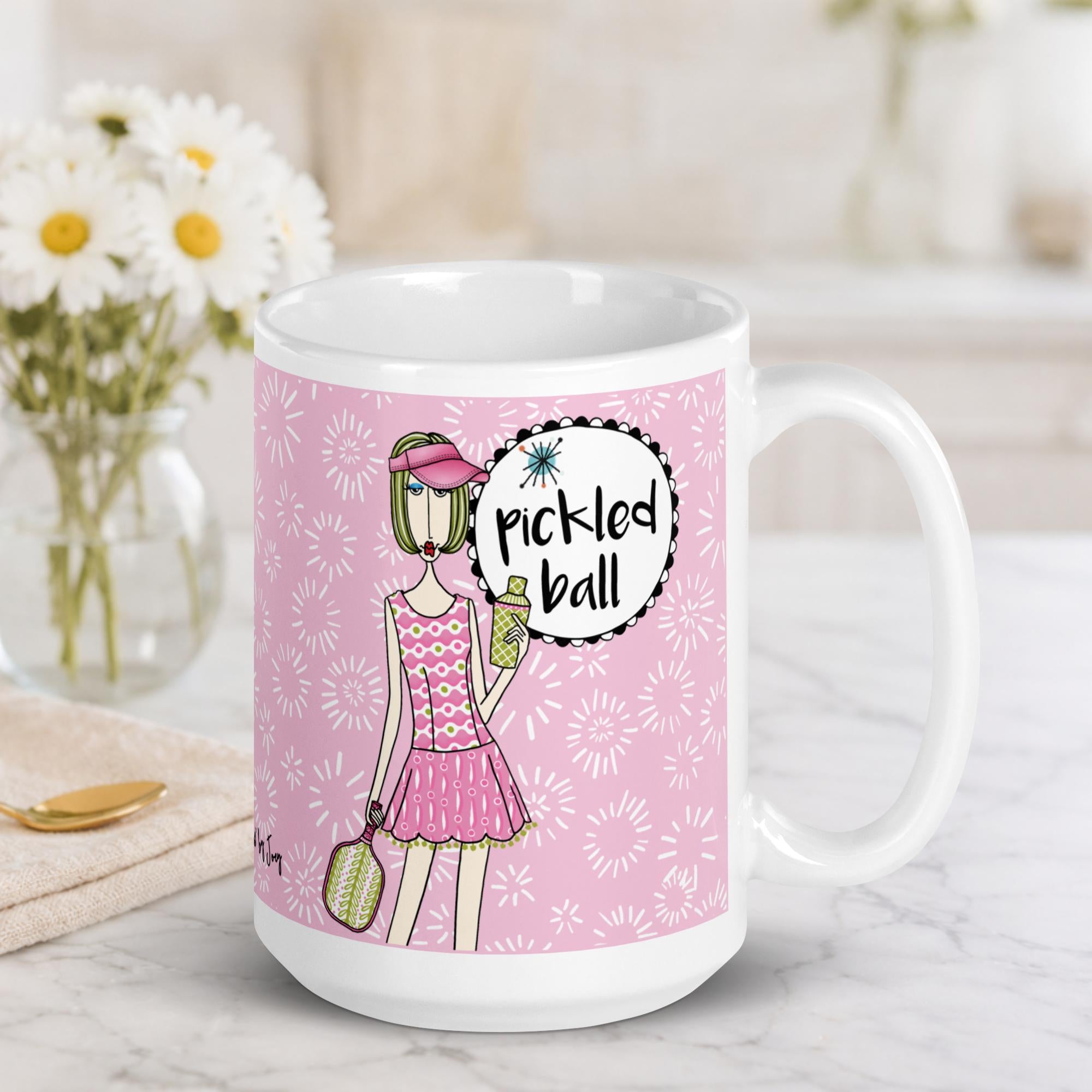 "Funny pickleball coffee mug – 'Pickled Ball' – ceramic gift mug for pickleball players and women who play pickleball"