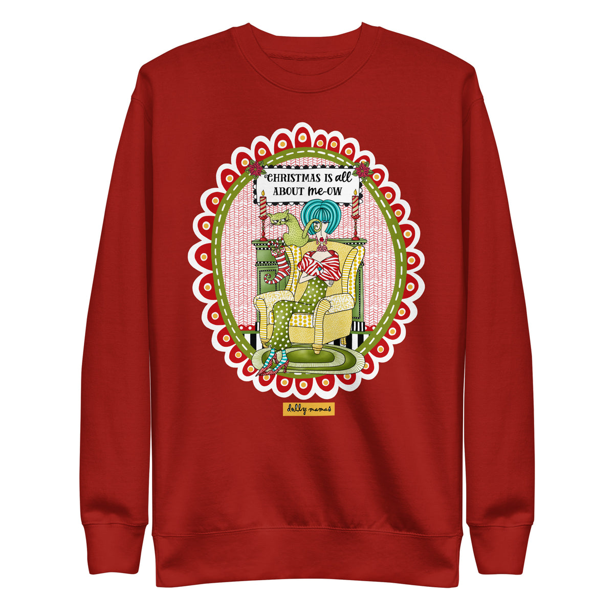 Front view of a cardinal red crewneck sweatshirt featuring Dolly Mamas “Christmas Is All About me-ow” artwork.
