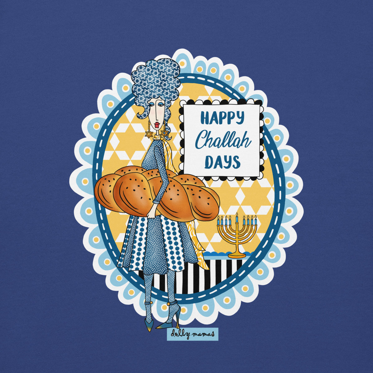 Close-up of Dolly Mamas artwork on royal blue, featuring a woman carrying challah, a menorah, and the words “Happy Challah Days.”
