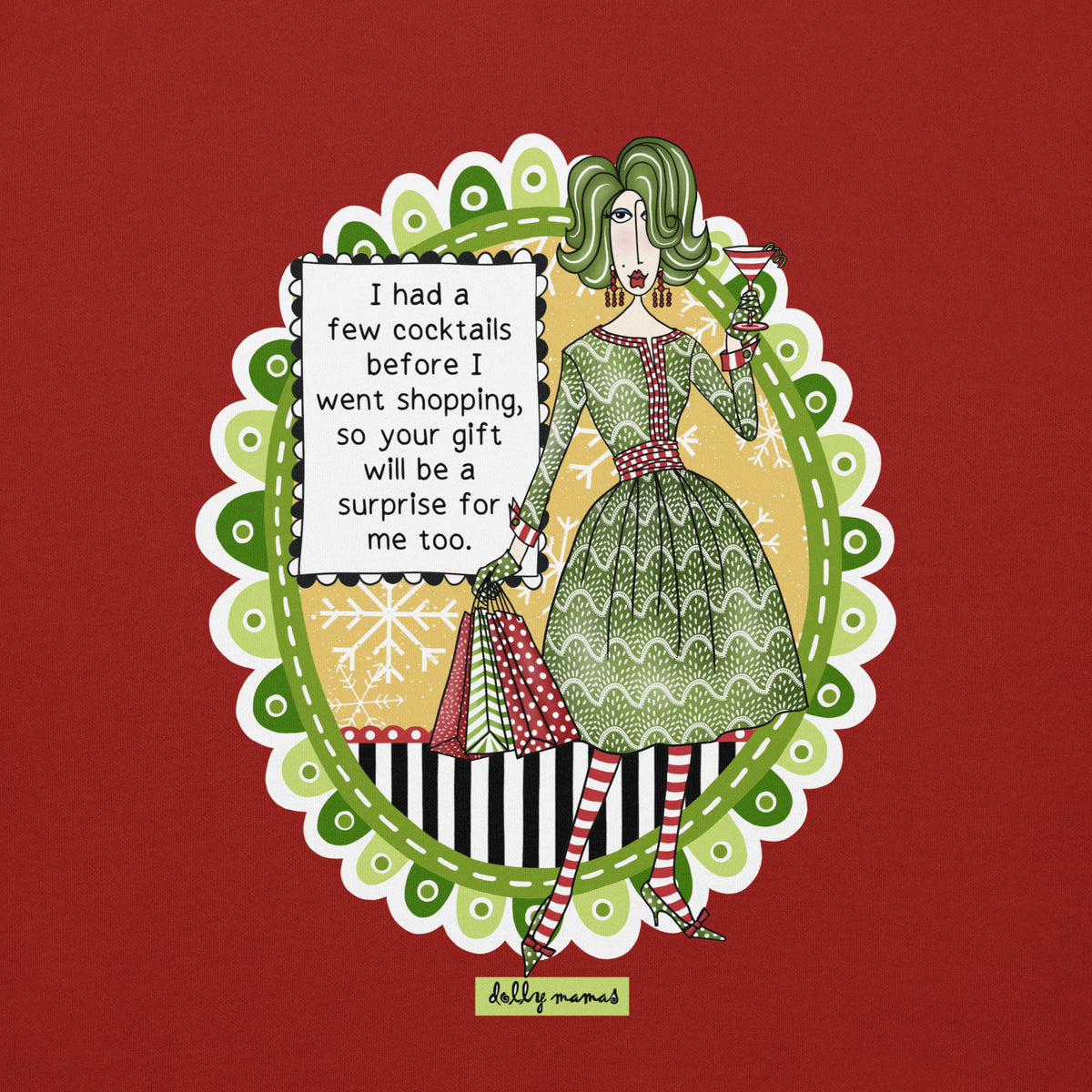 Close-up of Dolly Mamas artwork on cardinal red, showing a woman holding a cocktail and shopping bags beside a humorous gift-shopping saying.
