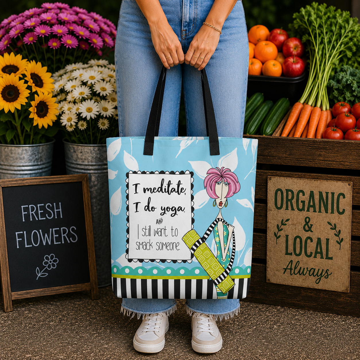 Funny yoga tote bag for women – I Meditate I Do Yoga and I Still Want to Smack Someone – Dolly Mama