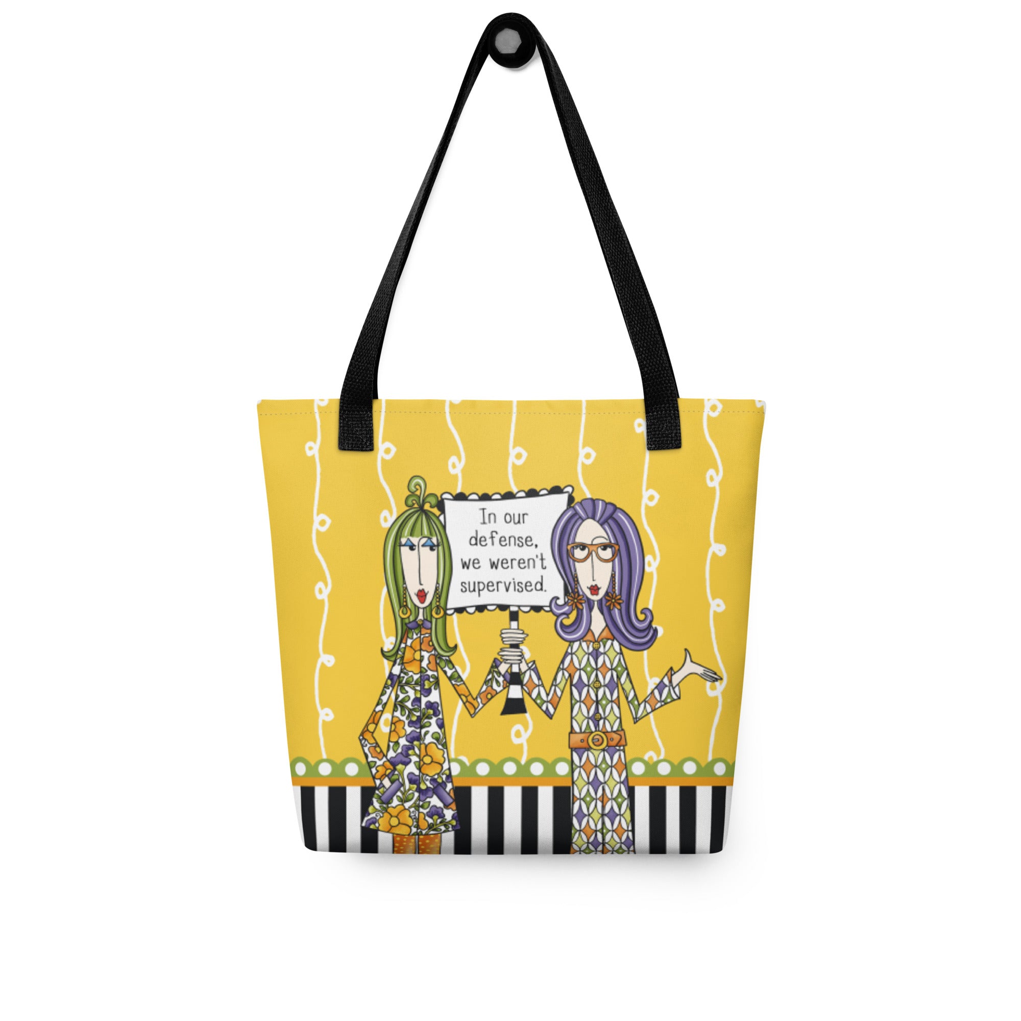 Funny friendship tote bag – In Our Defense – Dolly Mama – front view
