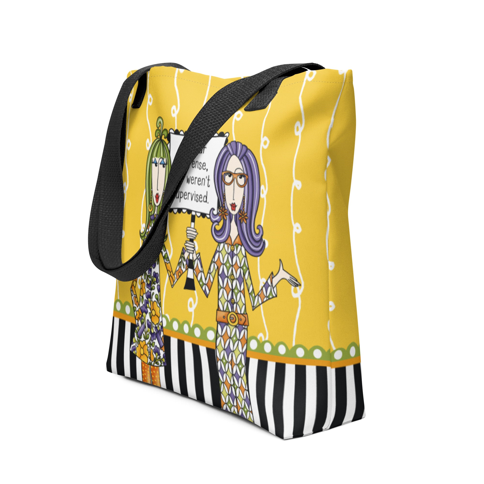 Funny friendship tote bag – In Our Defense – Dolly Mama – side view
