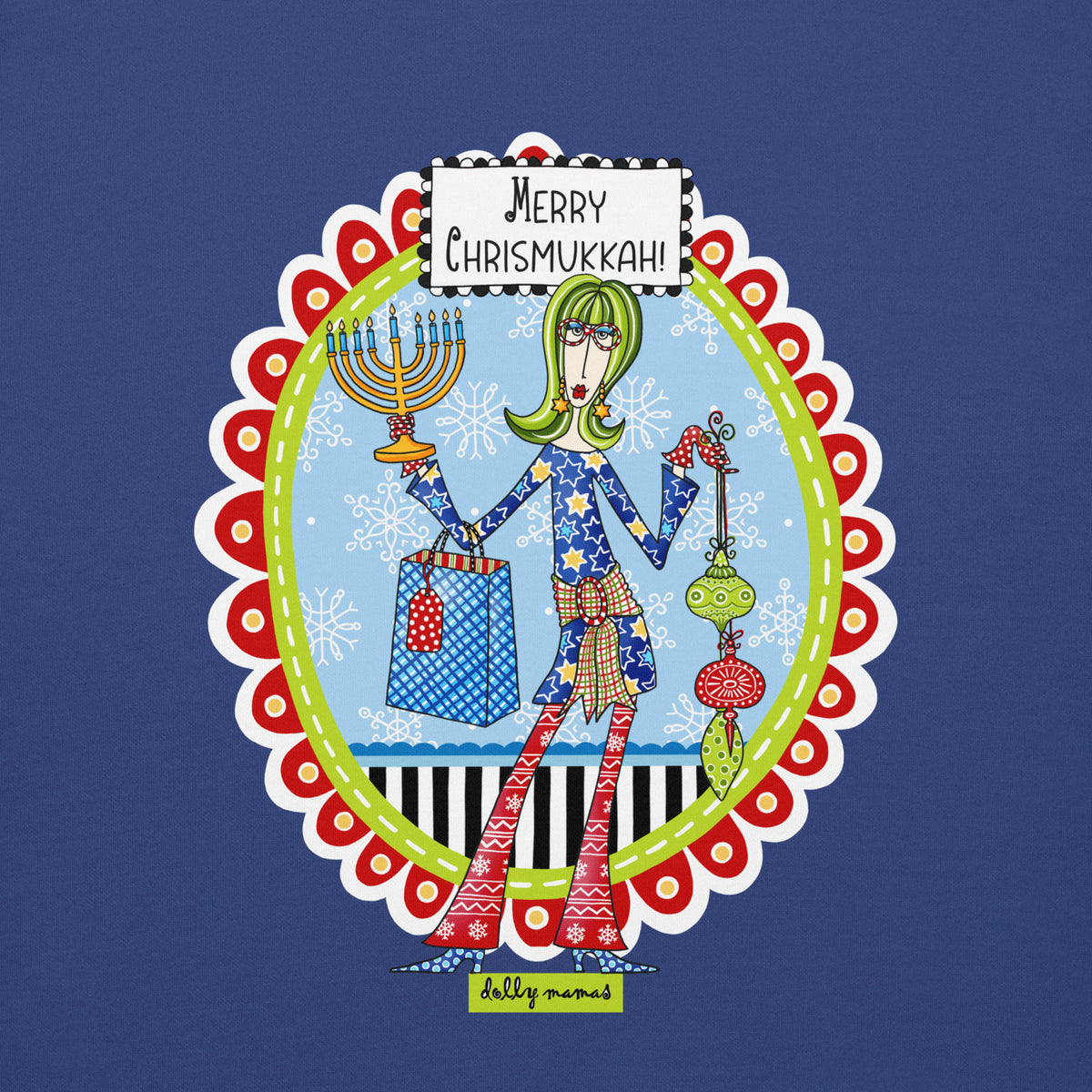 Close-up of Dolly Mamas artwork on royal blue, showing a woman holding a menorah and Christmas ornaments beneath the words “Merry Chrismukkah!”

