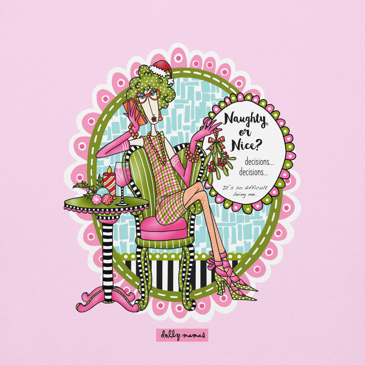 Close-up of Dolly Mamas artwork on pale pink, showing a seated woman in a Santa hat holding mistletoe beside the words “Naughty or Nice?”
