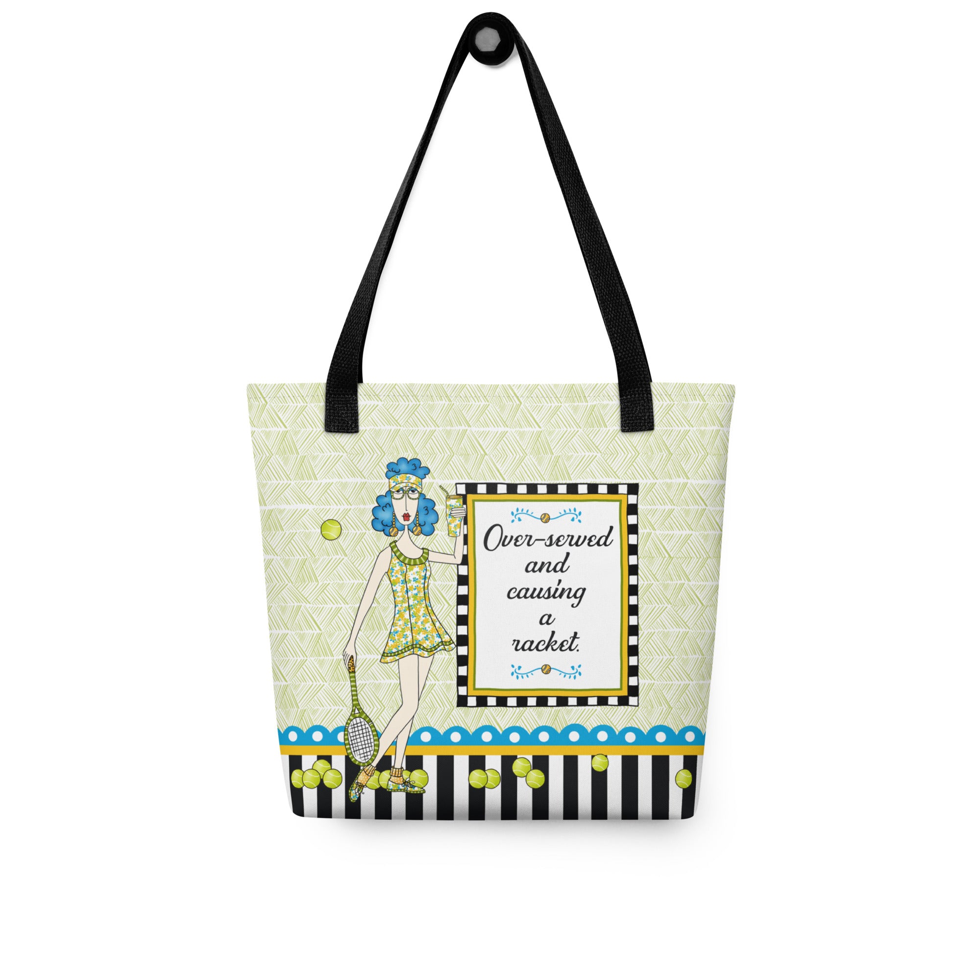 Funny tennis tote bag – Over-Served Causing a Racket – Dolly Mama – back view