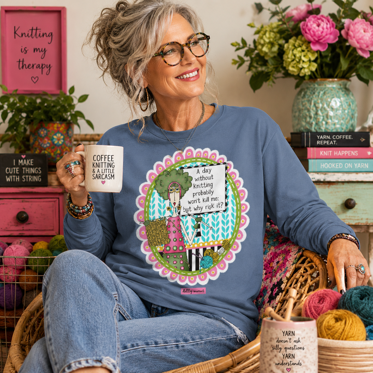 A Day Without Knitting Funny Long Sleeve T-Shirt – Blue Jean – Dolly Mama
