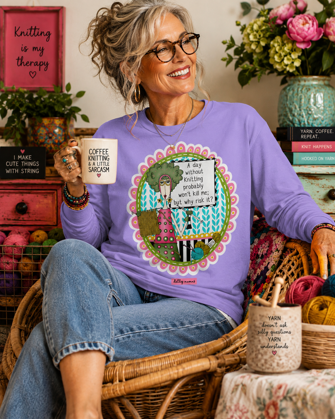 A Day Without Knitting Funny Long Sleeve T-Shirt – Violet – Dolly Mama