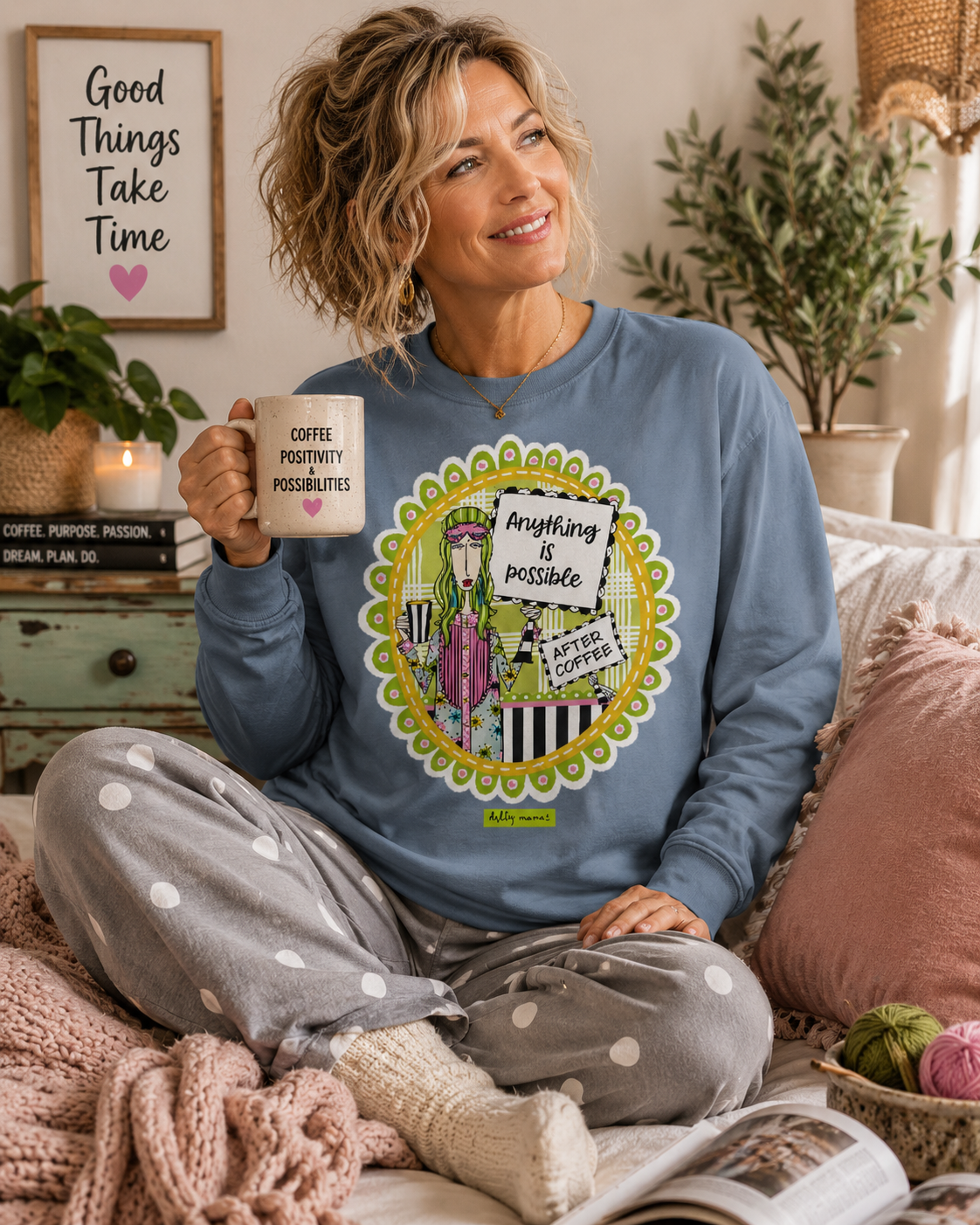 Anything Is Possible After Coffee Funny Long Sleeve T-Shirt – Blue Jean – Dolly Mama