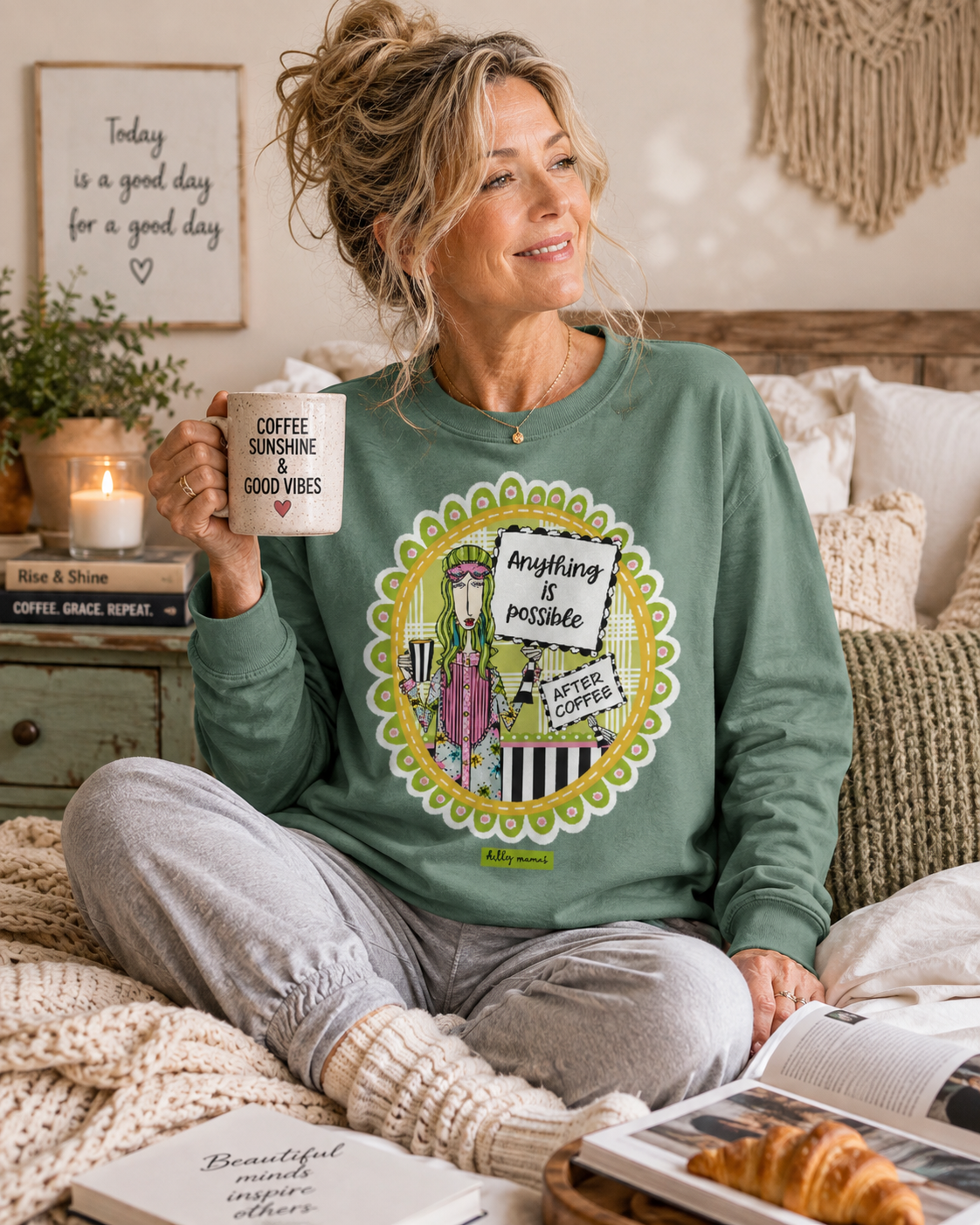Anything Is Possible After Coffee Funny Long Sleeve T-Shirt – Light Green – Dolly Mama