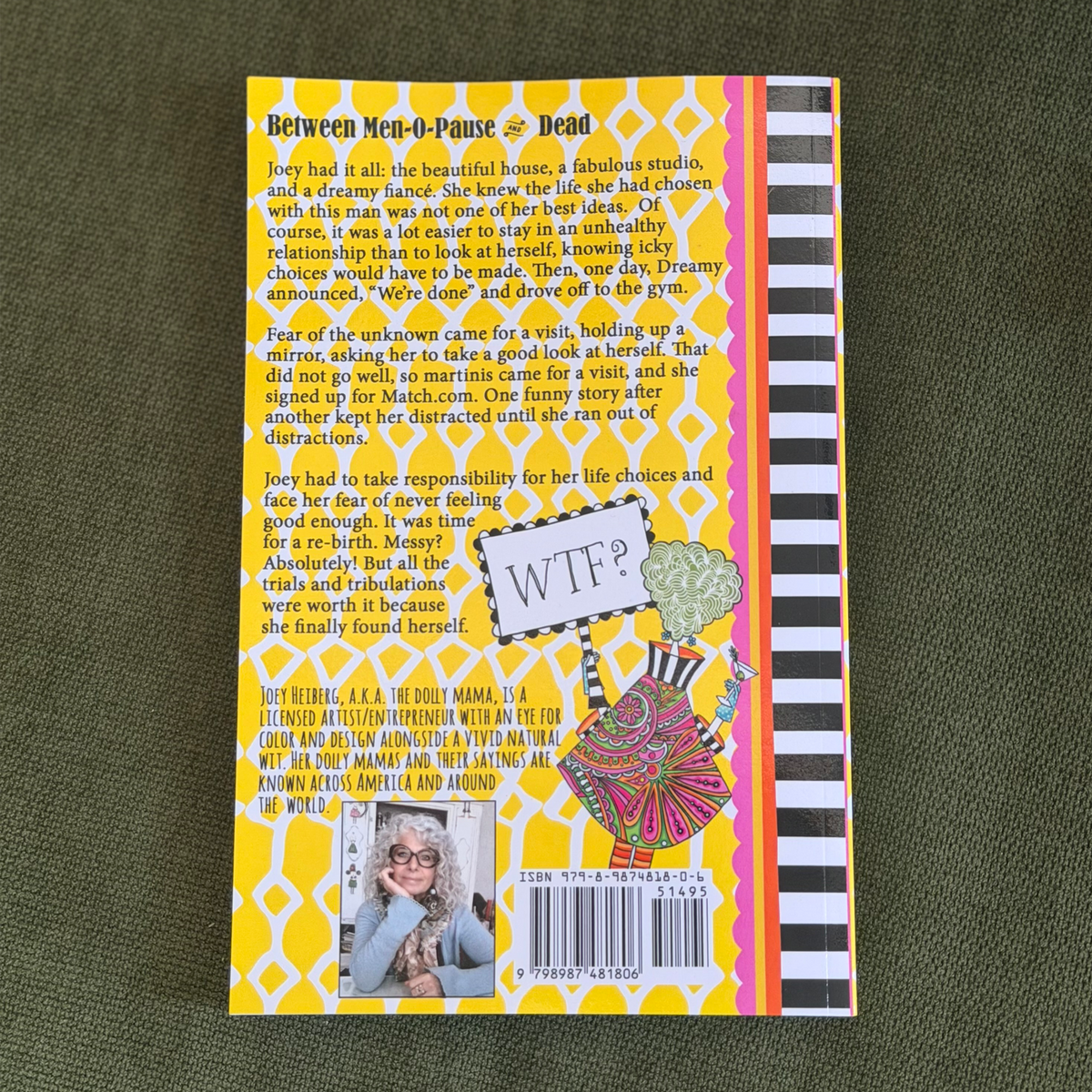 Back cover of “Between Men-O-Pause and Dead,” showing the book synopsis, Dolly Mama artwork, and author photo.