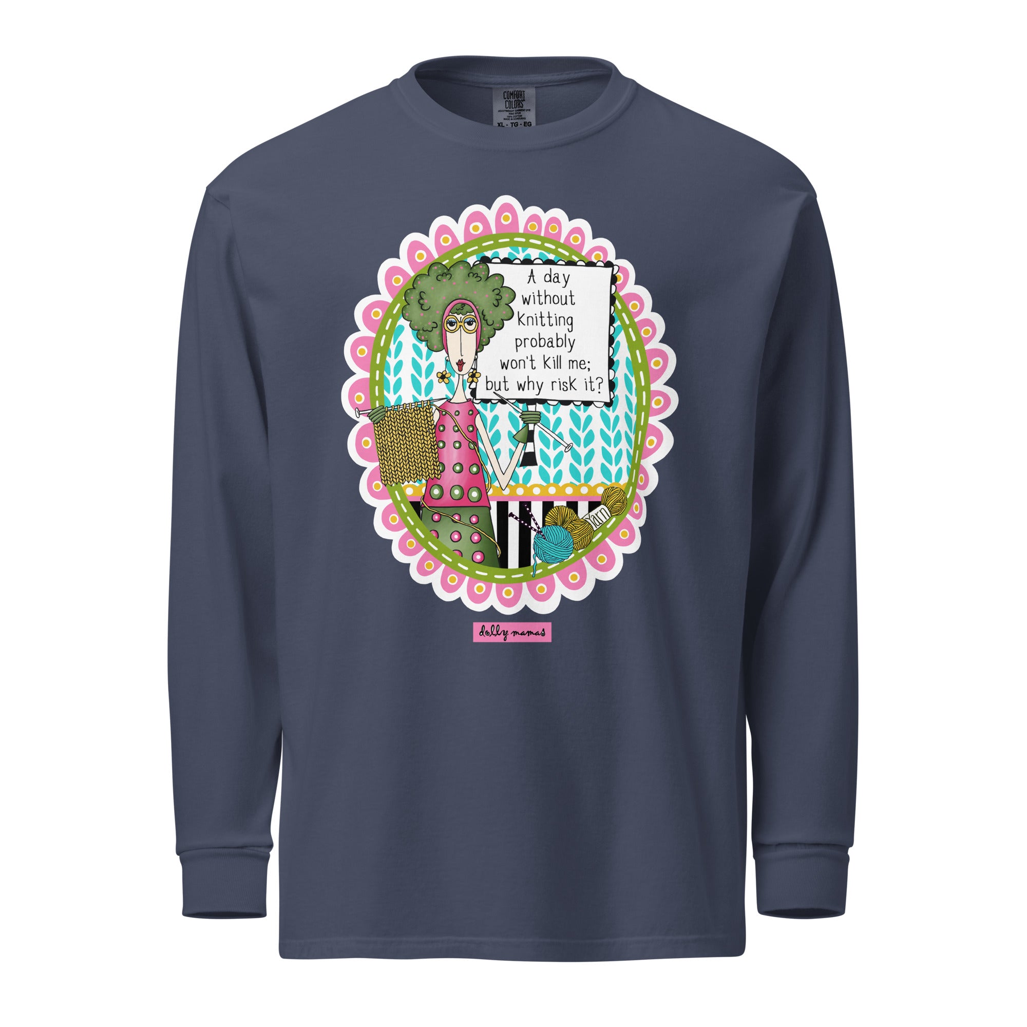 Funny Knitting Long Sleeve T-Shirt Navy – A Day Without Knitting | Dolly Mama
