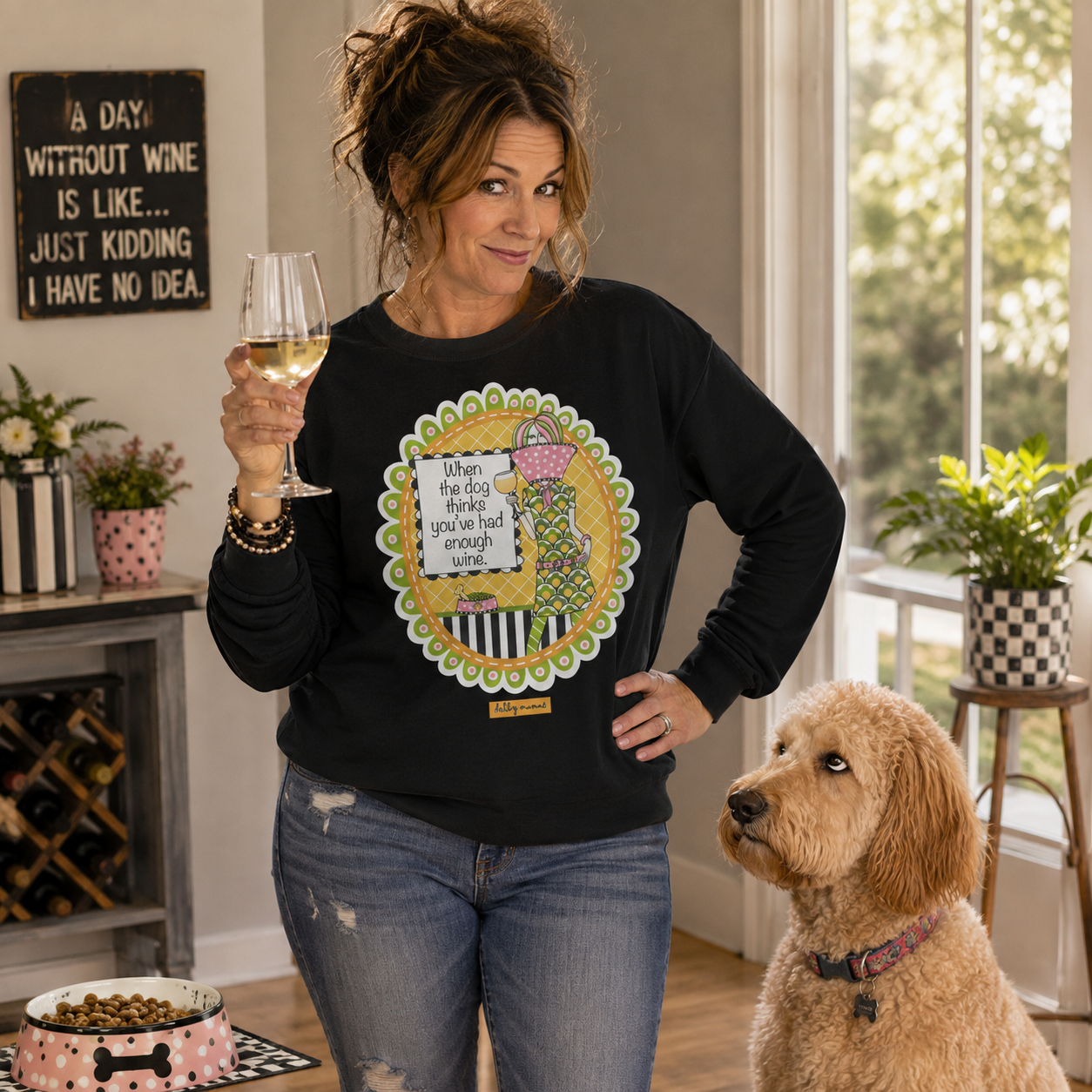 Funny Wine Lover Long Sleeve T-Shirt Black – When the Dog Thinks You've Had Enough Wine | Dolly Mama