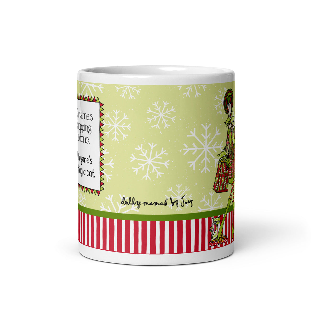 
Wraparound view of the Dolly Mama Christmas cat mug showing white snowflakes on a pale green background, Joey’s signature, and red-and-white stripes.
