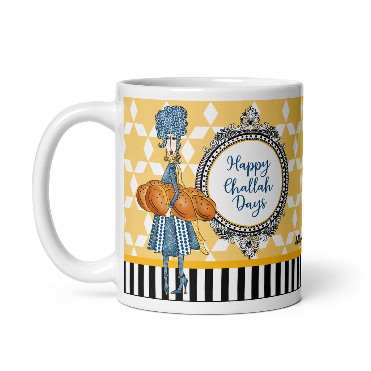 
Dolly Mama 11 oz “Happy Challah Days” mug with a blue-haired woman holding challah, a yellow patterned background, and handle on the left.