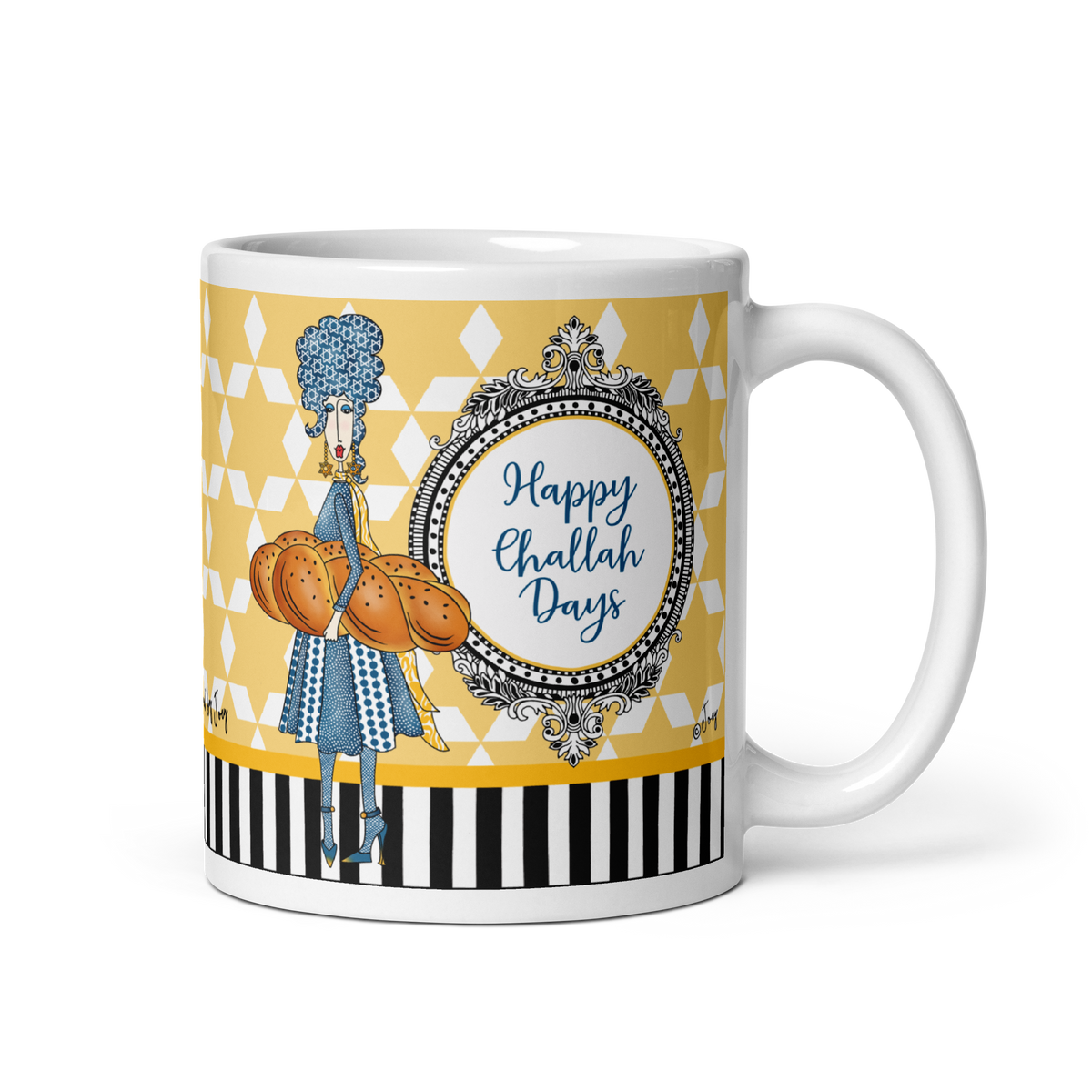 Dolly Mama 11 oz “Happy Challah Days” mug with a blue-haired woman holding challah, a yellow patterned background, and handle on the right.