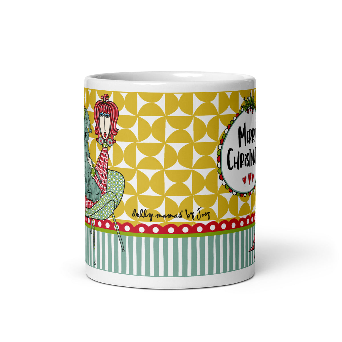 
Wraparound view of the Dolly Mama Christmas dog mug showing a yellow geometric pattern, Joey’s signature, and green-and-white stripes.
